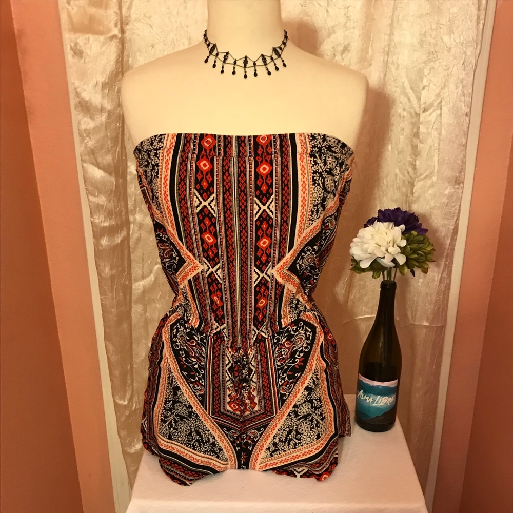 Romper. Strapless top. Shorts. Tribal print